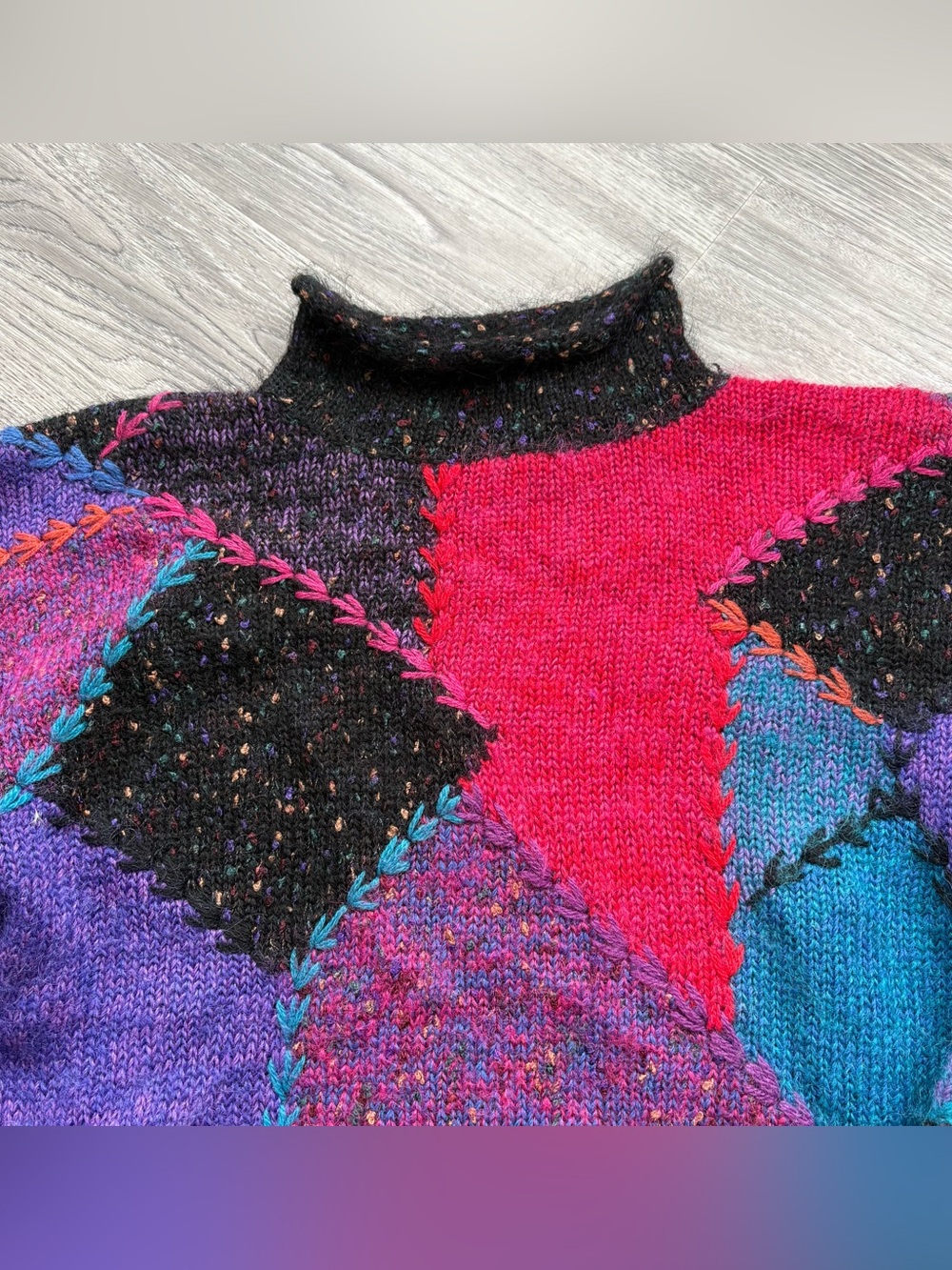 Vintage Segrets Sun Prints Mohair Blend Patchwork Mock Neck Sweater M Chunky - Picture 4 of 14